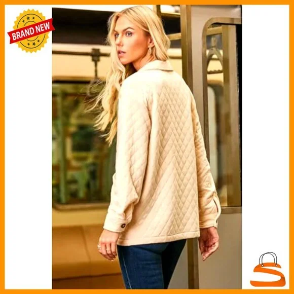 Quilted Casual Jacket Long Sleeve Button Down Collar Pockets - Picture 5 of 7